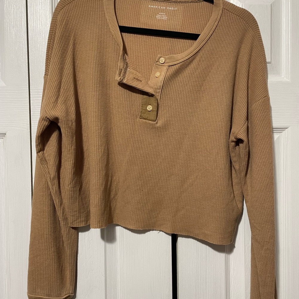American Eagle Outfitters Brown Long Sleeve Cropped Henley